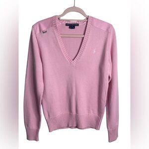 Ralph Lauren Golf Pink Cotton V-Neck Sweater Classic Preppy Style Medium Womens